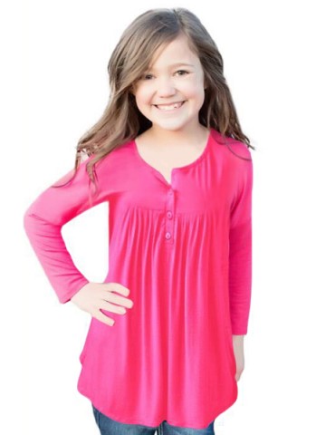 Pink Long Sleeve Button Detail Pleated Little Girls Top