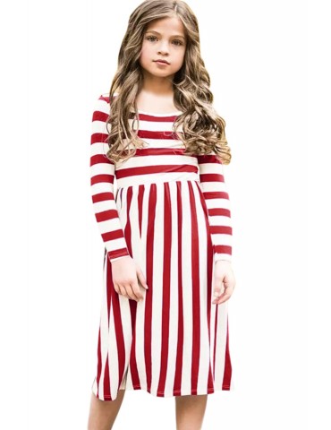 Red White Striped Long Sleeve Dress for Kids