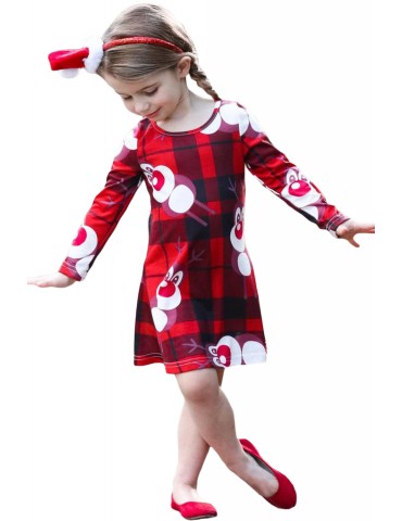 Cartoon Reindeer Plaid Printed Girls Christmas Dress