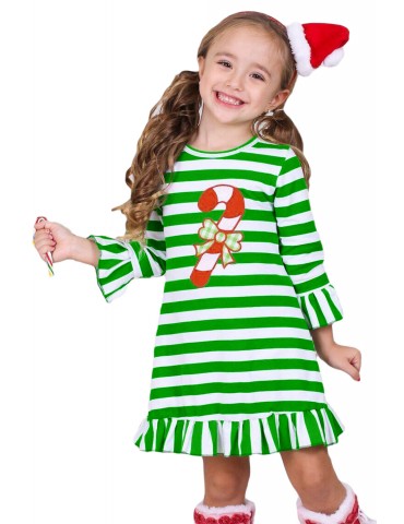Candy Cane Accent Green White Striped Christmas Dress