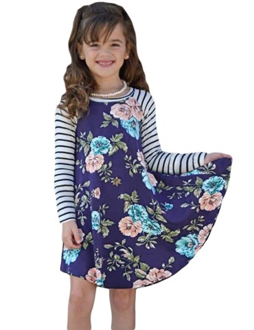 Blue Spring Fling Floral Striped Sleeve Short Dress for Kids