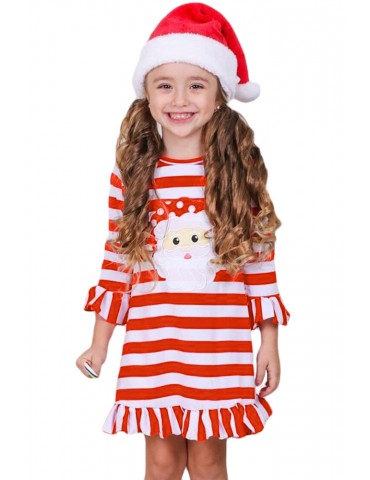 Girls Red Striped Santa Applique Ruffled Christmas Dress