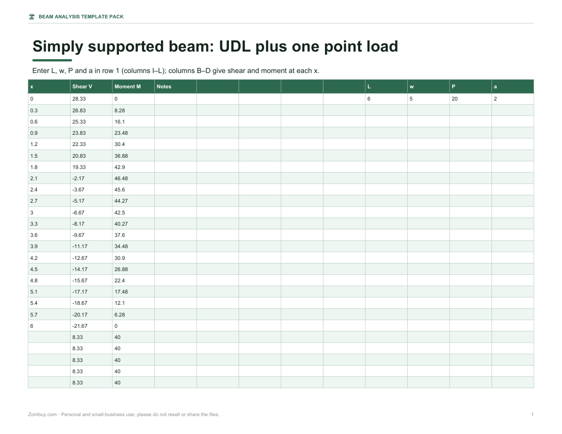 Preview of the first page of Beam worksheet (XLSX)